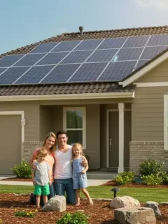 Modern home with solar panels, smart thermostat, and green garden, symbolizing sustainable living and federal incentives.