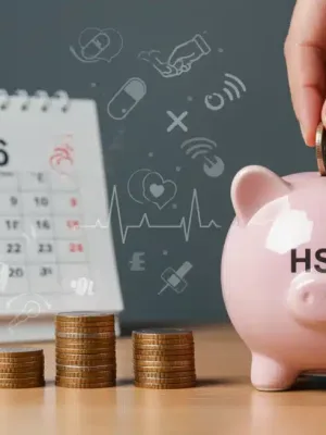 Hand putting coins into an HSA piggy bank for 2026 savings goals