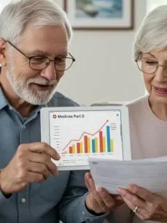 Senior couple reviewing Medicare Part D documents, symbolizing cost reduction