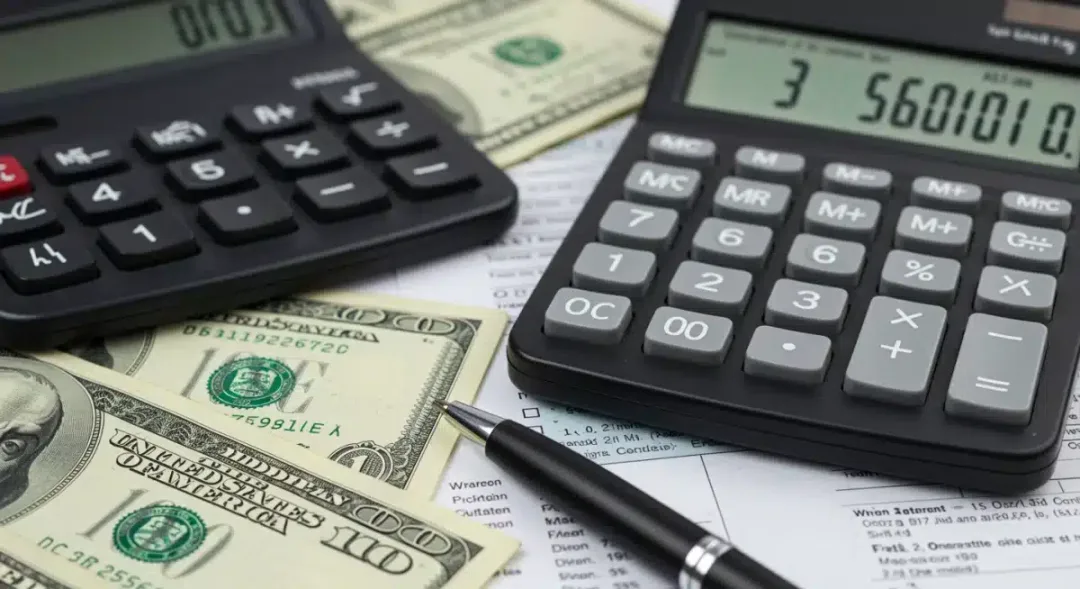 Calculator showing ,600 with tax forms and money