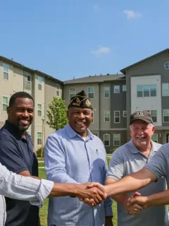 Veterans smiling in front of new housing, symbolizing new assistance programs.