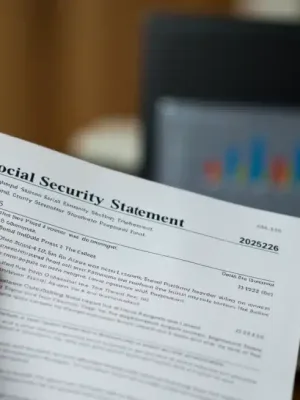 Official 2026 Social Security Statement document being reviewed, with financial data in the background.
