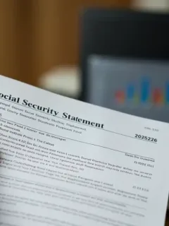 Official 2026 Social Security Statement document being reviewed, with financial data in the background.