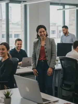 Employees thriving in a modern, benefit-rich workplace, signifying strong retention.