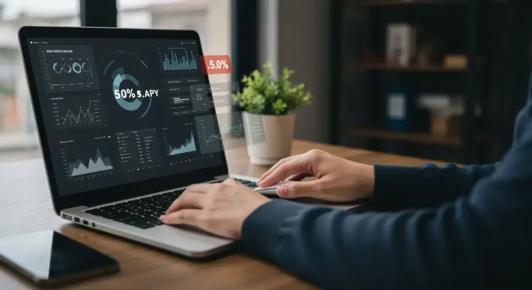 Person analyzing financial data on laptop, managing online savings accounts