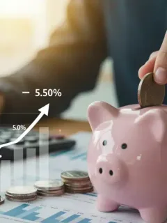 Hand placing coin into piggy bank with 5.0% APY overlay and financial charts