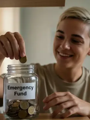 Hand putting coins into an emergency fund jar with a calendar showing mid-2026.