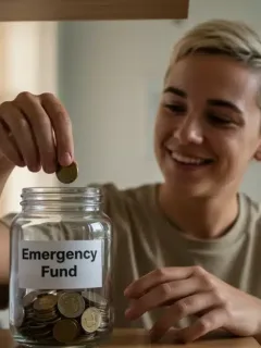 Hand putting coins into an emergency fund jar with a calendar showing mid-2026.
