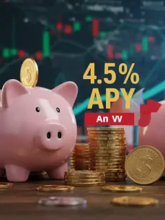 Illustration of piggy banks and coins with a 4.5% APY rate, representing high-yield savings growth.