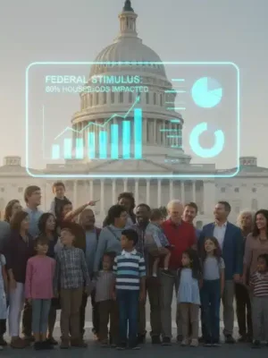 Families looking at economic data with US Capitol in background, symbolizing federal stimulus package impact