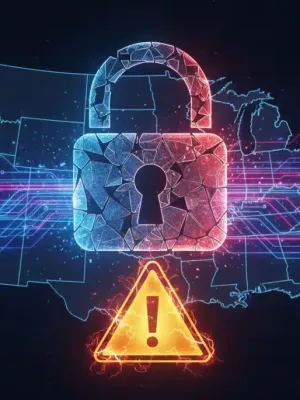 Shattered digital padlock over US map, symbolizing major cybersecurity breach