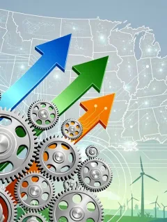 Illustration of economic growth with gears, arrows, and US map