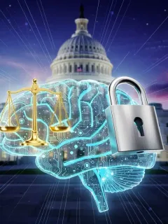Stylized AI brain with ethical symbols and US Capitol, representing AI ethics framework.