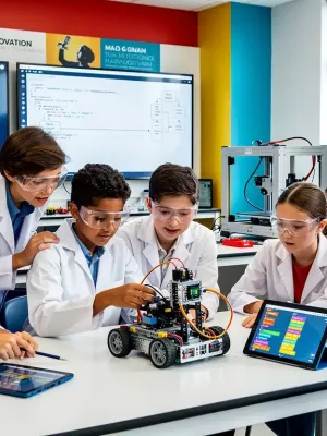 Diverse students in a modern science lab, working on robotics and coding, representing STEM education innovation.