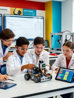 Diverse students in a modern science lab, working on robotics and coding, representing STEM education innovation.