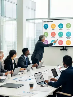 Professionals discussing 2026 workplace benefits in a modern office