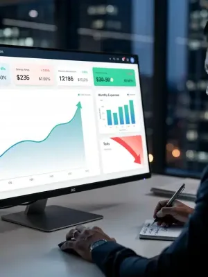 Person analyzing financial dashboard for expense management and savings in 2026.niche benefits.