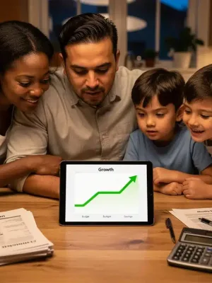Family reviewing federal benefits information on a tablet. Undiscovered Federal Benefits 2026.