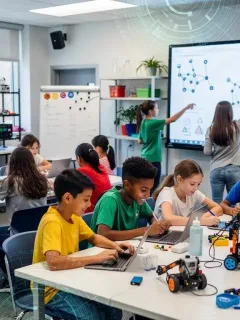 K-12 students actively engaged in a modern STEM classroom, using technology and scientific tools.