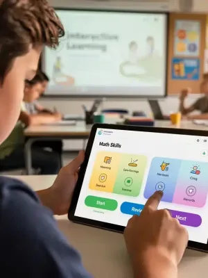 Student engaged with AI-powered learning application on tablet. AI Learning Tools