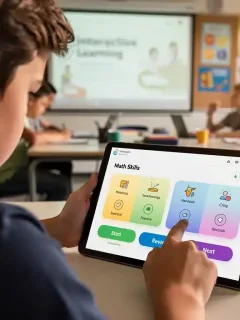 Student engaged with AI-powered learning application on tablet. AI Learning Tools