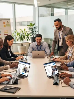 US teachers engaging in online professional development courses on laptops and tablets.