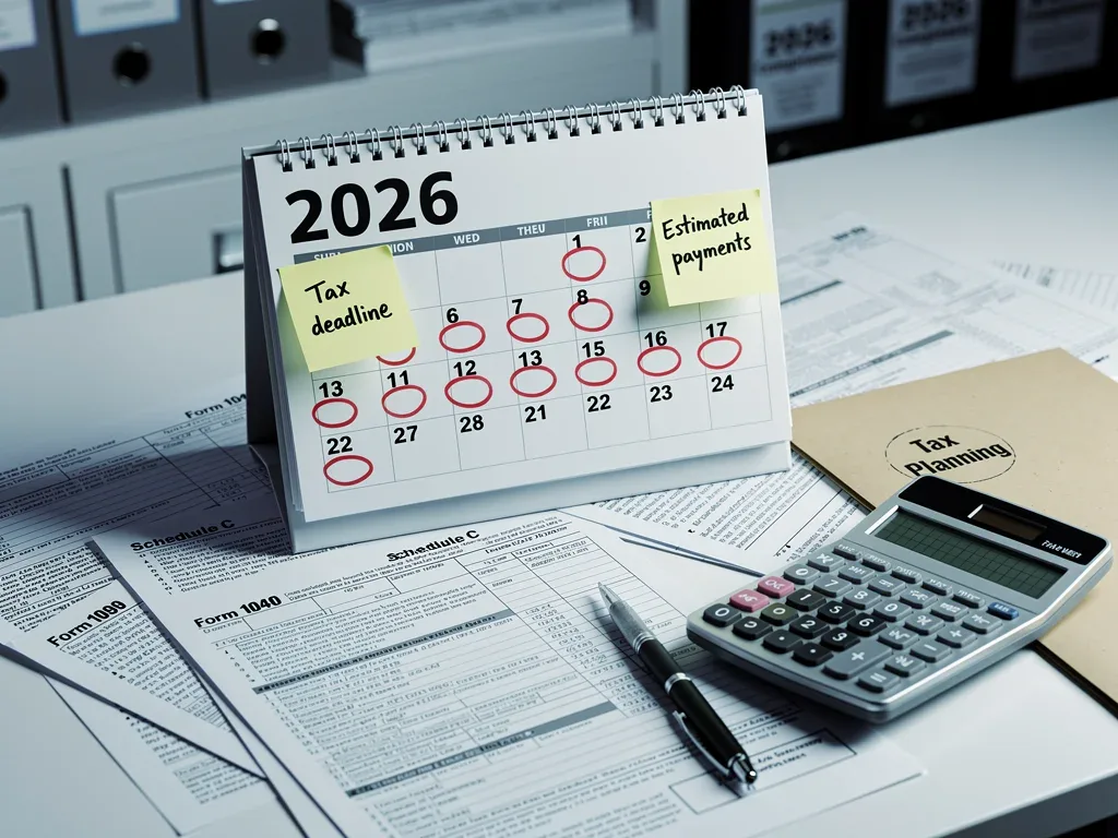 2026 calendar with IRS forms for financial planning.