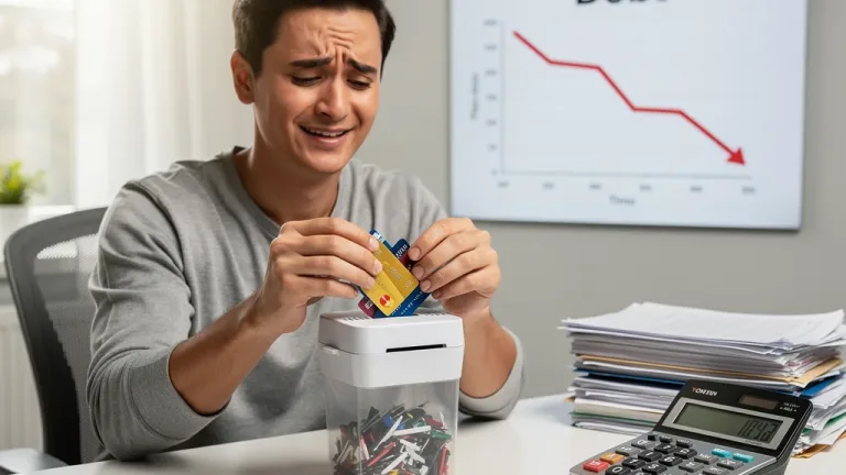 Relieved individual successfully eliminating credit card debt with a 0% APR balance transfer.