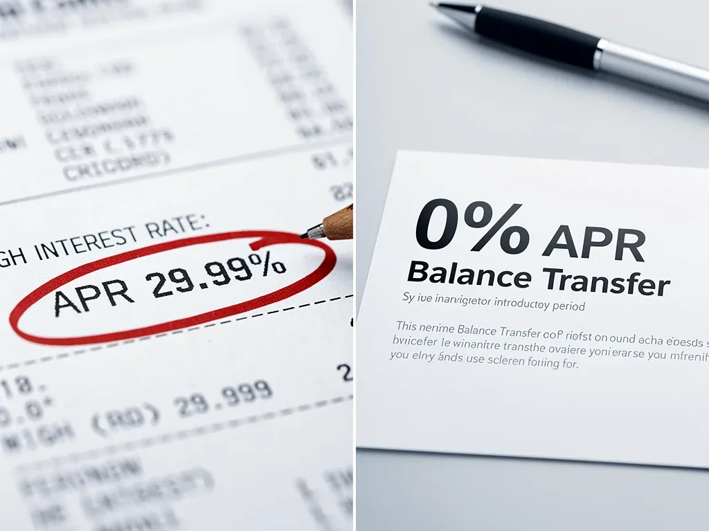 High-interest credit card statement next to a 0% APR balance transfer offer.