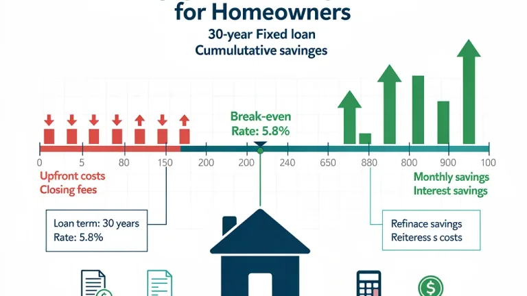 Financial graphic depicting mortgage refinancing at 5.8% and break-even analysis for a 30-year fixed loan.