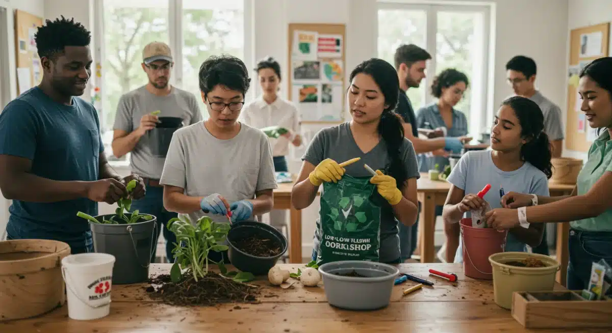 Community workshop on sustainable practices, showing diverse participants learning about eco-friendly home improvements and smart technology.