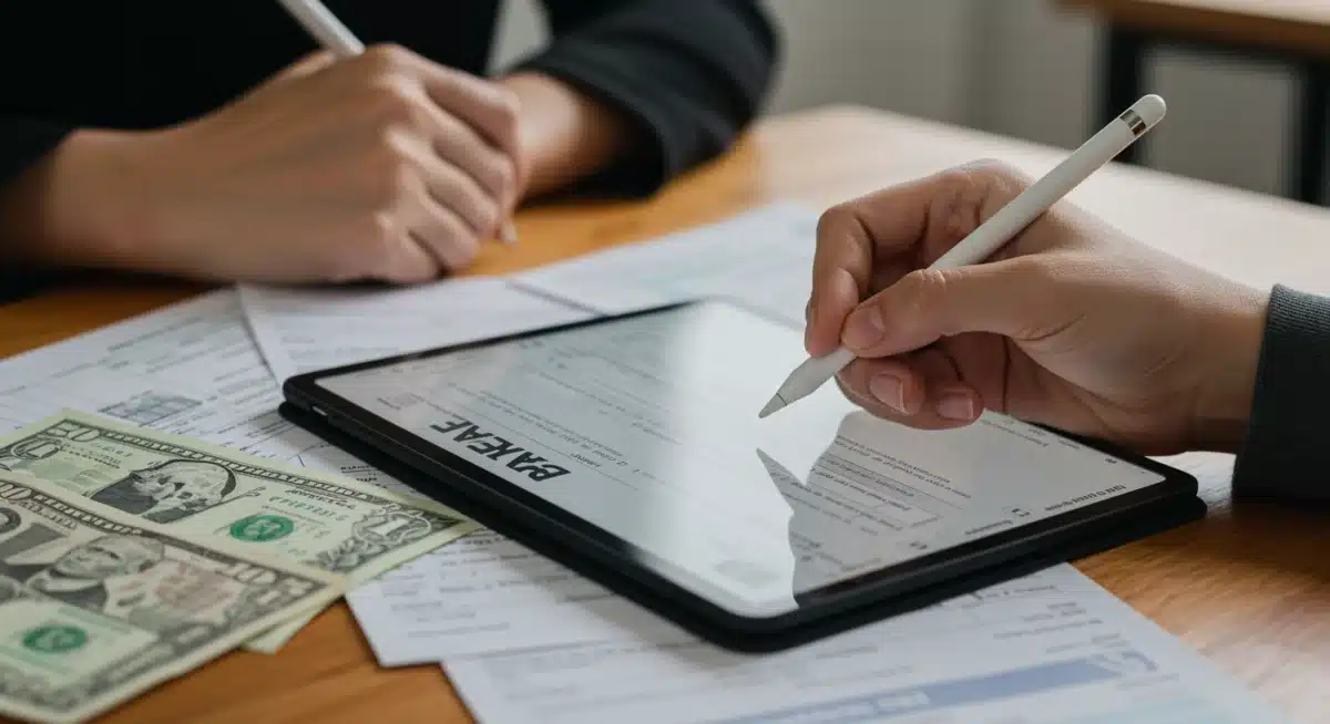 Person digitally completing a FAFSA form on a tablet with financial documents nearby.