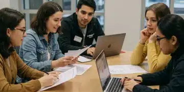 College students reviewing FAFSA forms and financial aid documents on laptops in a modern setting.