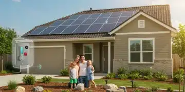 Modern home with solar panels, smart thermostat, and green garden, symbolizing sustainable living and federal incentives.