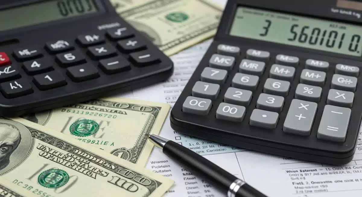 Calculator showing ,600 with tax forms and money