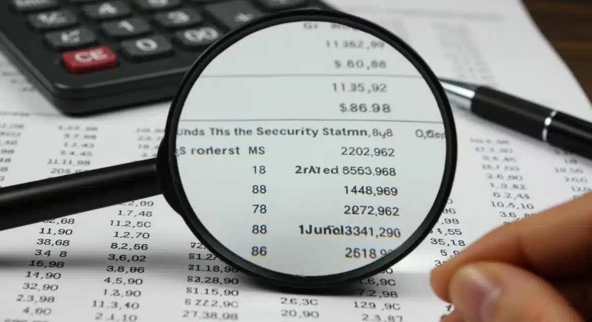 Magnifying glass examining fine print on a Social Security Statement with calculator.