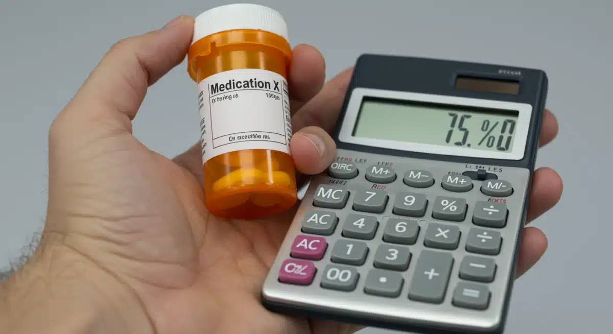 Hand holding prescription bottle, calculating 15% cost reduction