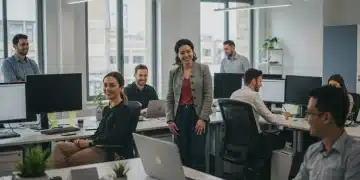 Employees thriving in a modern, benefit-rich workplace, signifying strong retention.