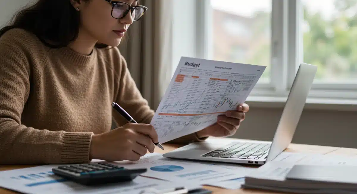 Person analyzing a budget spreadsheet on a laptop for financial planning.