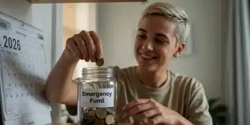 Hand putting coins into an emergency fund jar with a calendar showing mid-2026.