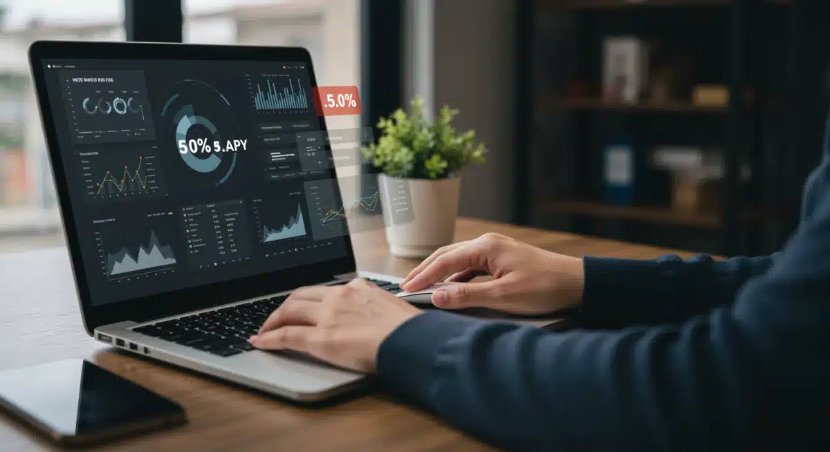 Person analyzing financial data on laptop, managing online savings accounts