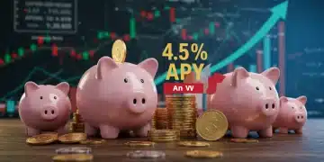 Illustration of piggy banks and coins with a 4.5% APY rate, representing high-yield savings growth.