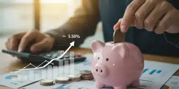 Hand placing coin into piggy bank with 5.0% APY overlay and financial charts