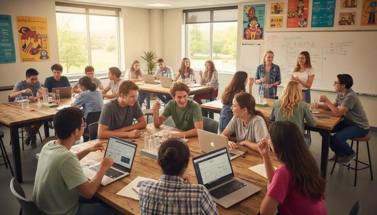Diverse high school students collaborating actively on a group project, showing high participation.