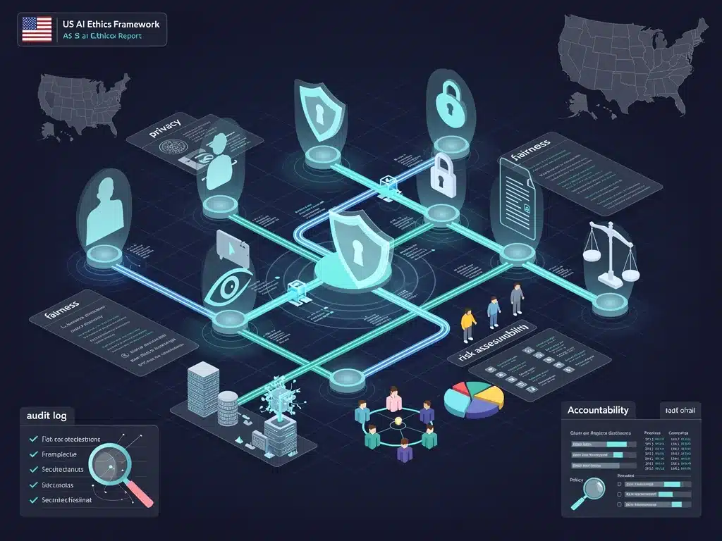 Data flow with privacy, fairness, accountability icons for AI ethics.