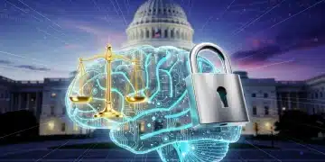 Stylized AI brain with ethical symbols and US Capitol, representing AI ethics framework.