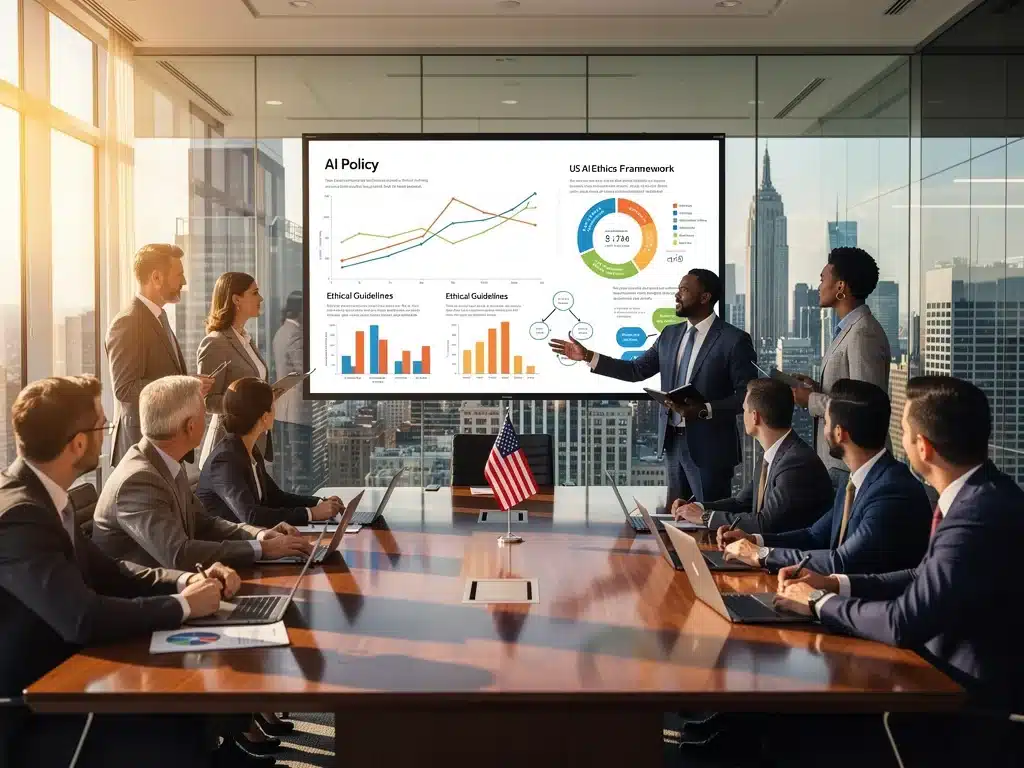 Professionals discussing AI policy and ethical guidelines in a conference room.