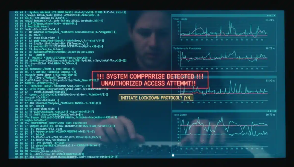 Computer screen with red alert, indicating data compromise and system breach