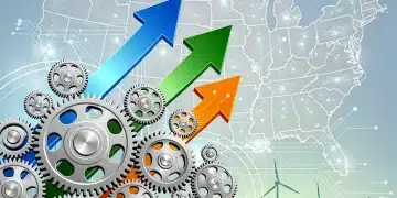 Illustration of economic growth with gears, arrows, and US map