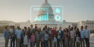 Families looking at economic data with US Capitol in background, symbolizing federal stimulus package impact